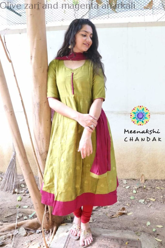 Olive Zari And Magenta Anarkali With Duppatta Anarkali