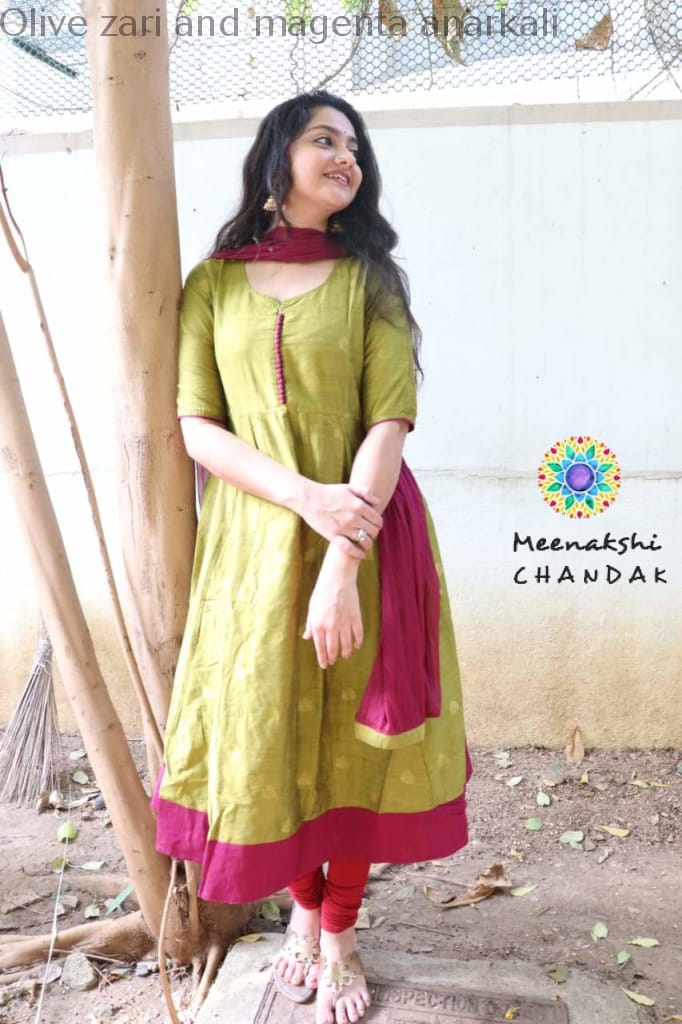 Olive Zari And Magenta Anarkali With Duppatta Anarkali