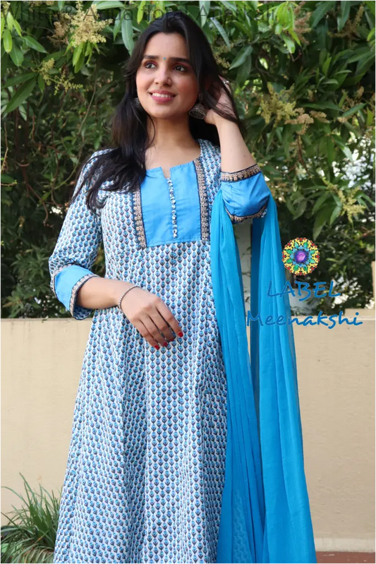 White & Aqua Floral Anarkali Sets