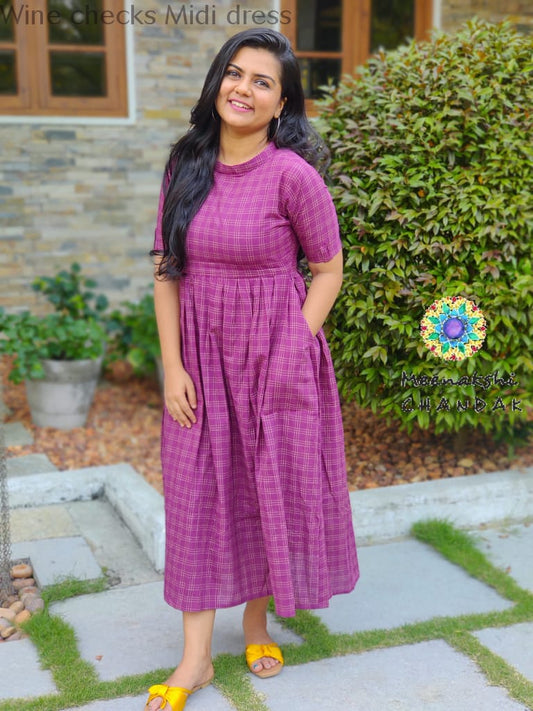 Wine Checks Midi Dress Casuals