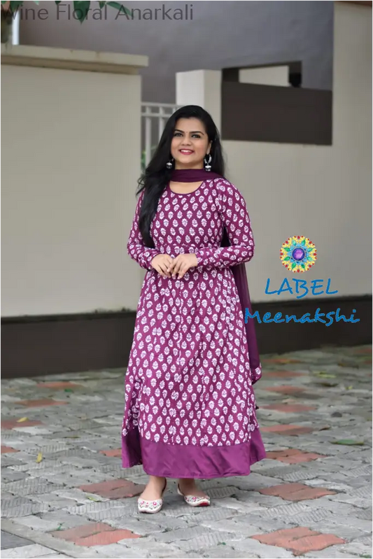Wine Floral Jaipuri Anarkali Sets
