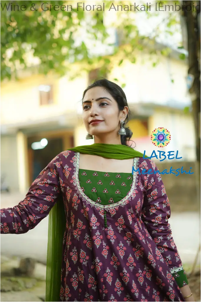 Wine & Green Floral Anarkali [Embroidery] SET T&D