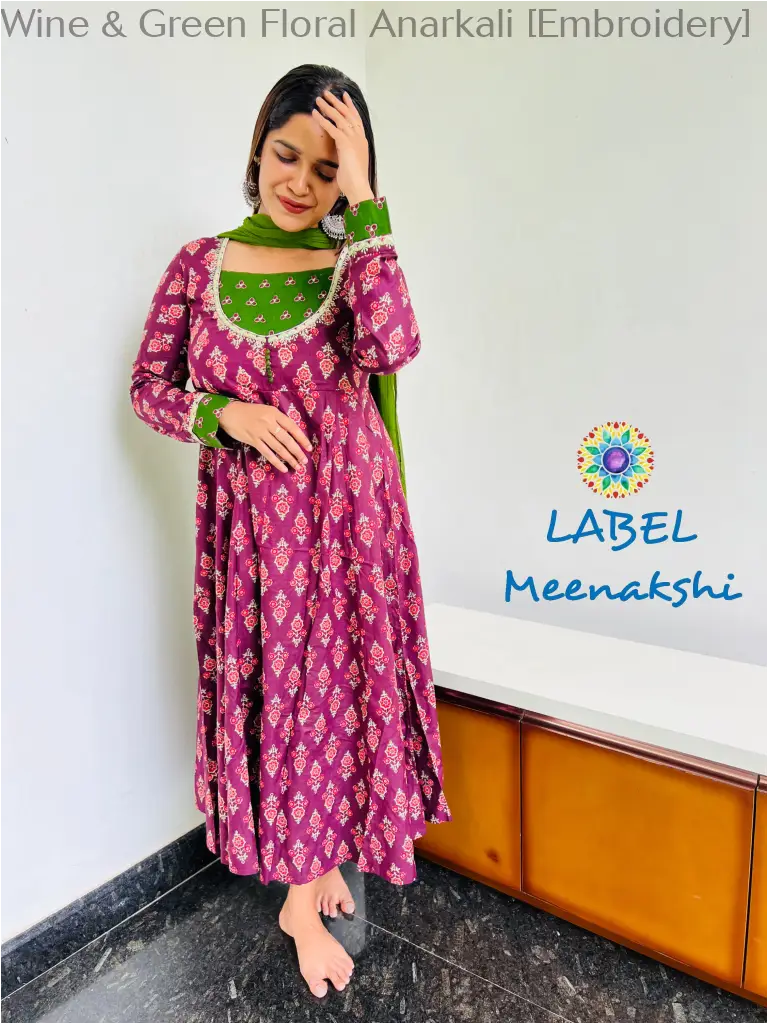 Wine & Green Floral Anarkali [Embroidery] SET T&D