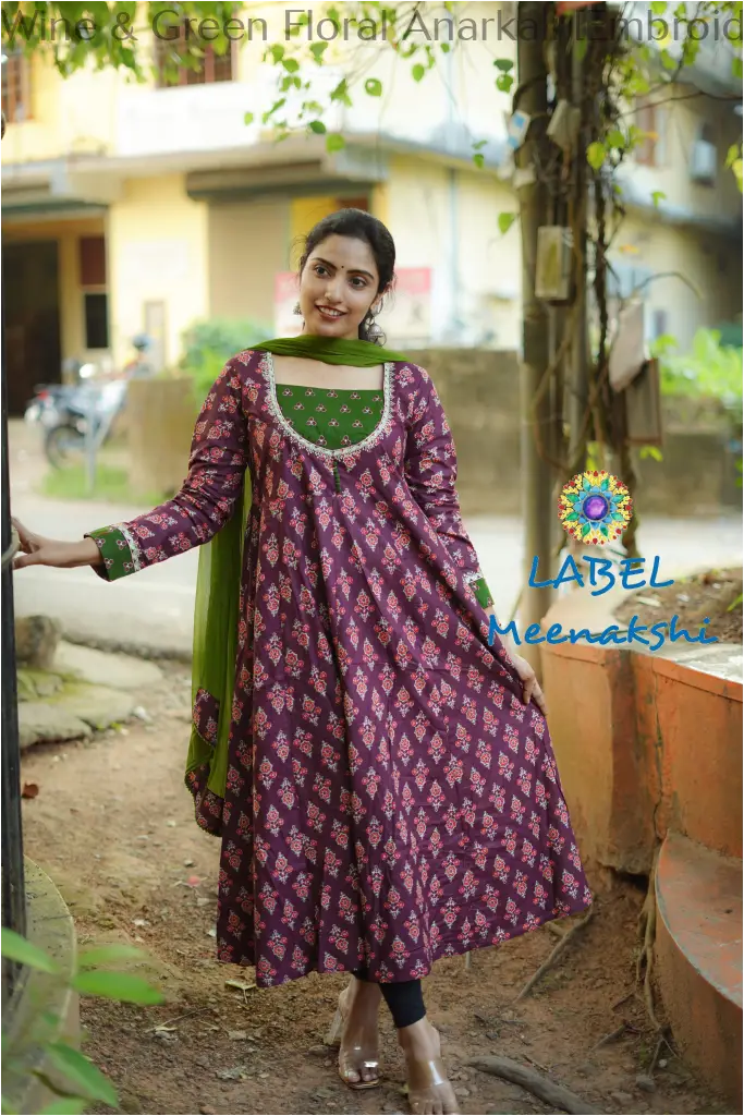 Wine & Green Floral Anarkali [Embroidery] SET T&D