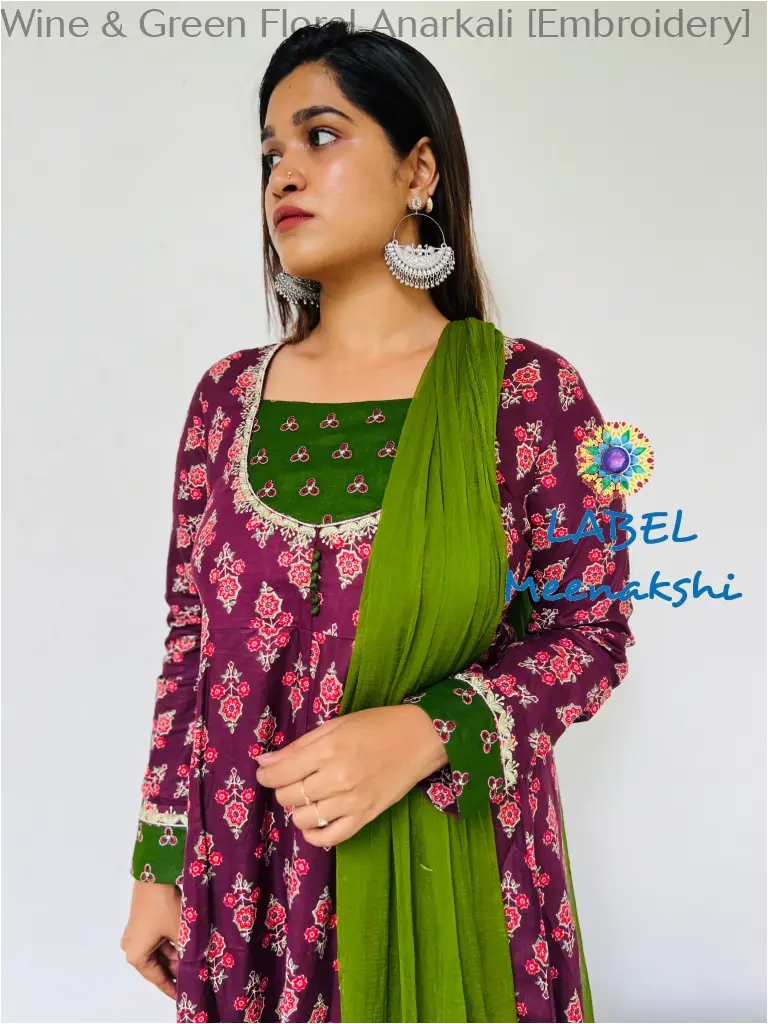 Wine & Green Floral Anarkali [Embroidery] SET T&D