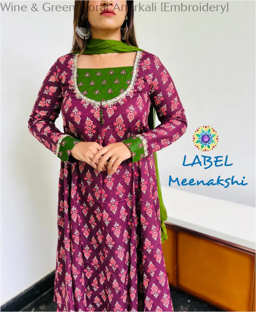 Wine & Green Floral Anarkali [Embroidery] SET T&D
