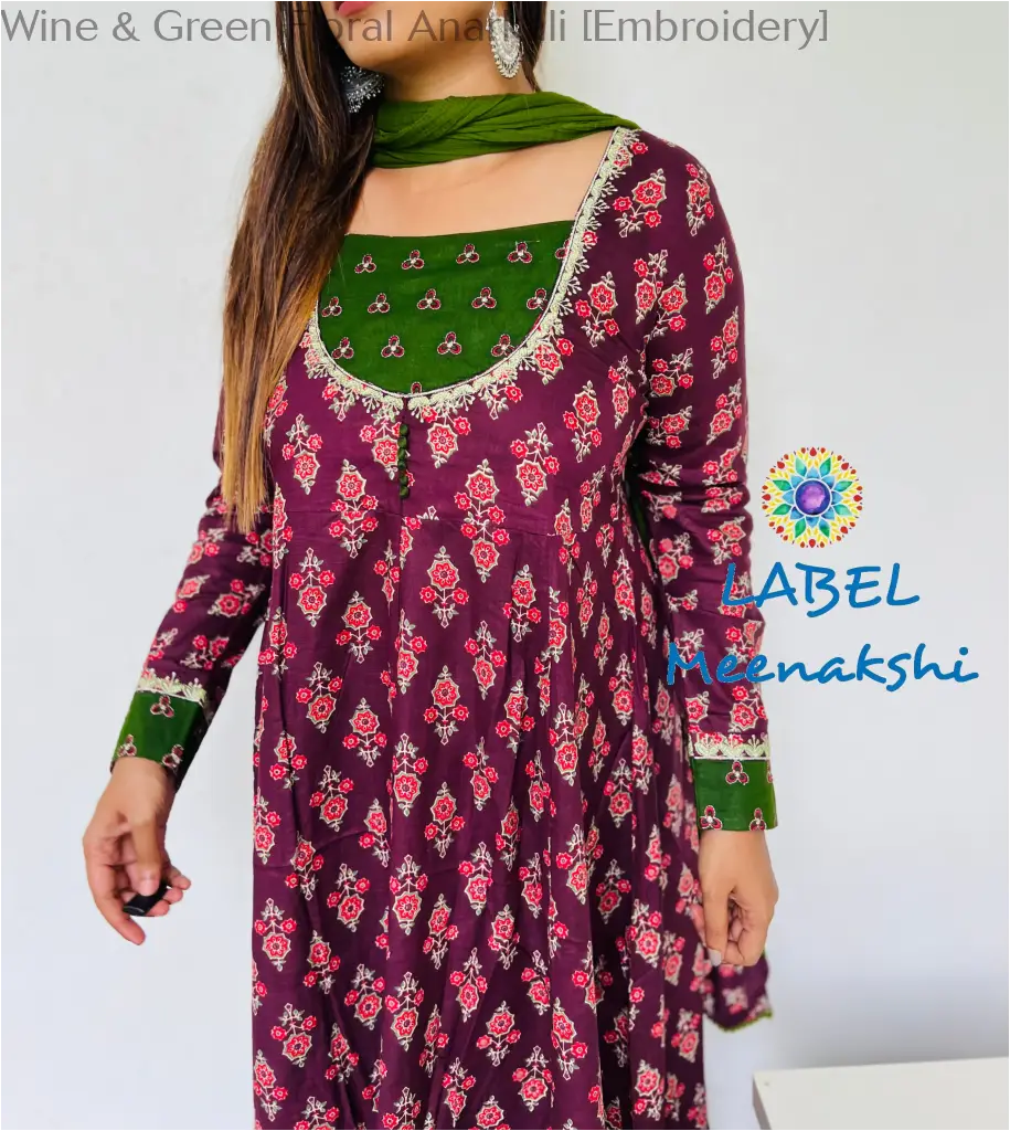 Wine & Green Floral Anarkali [Embroidery] SET T&D