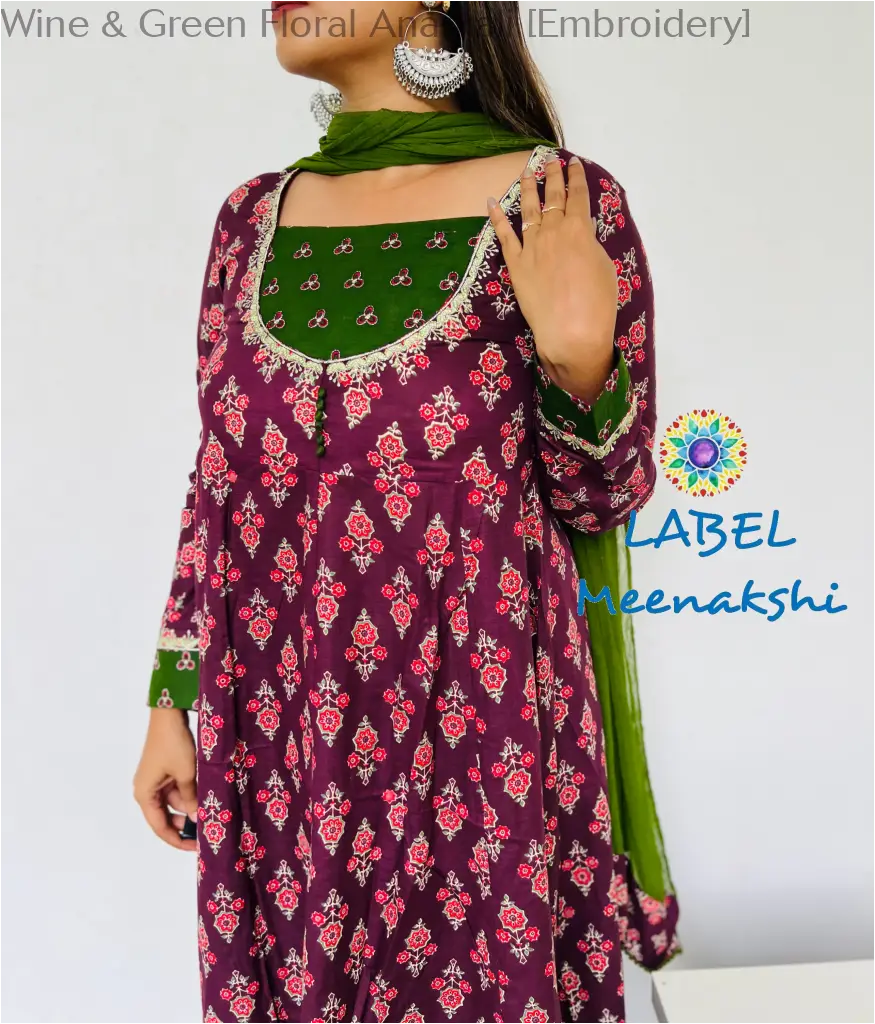 Wine & Green Floral Anarkali [Embroidery] SET T&D