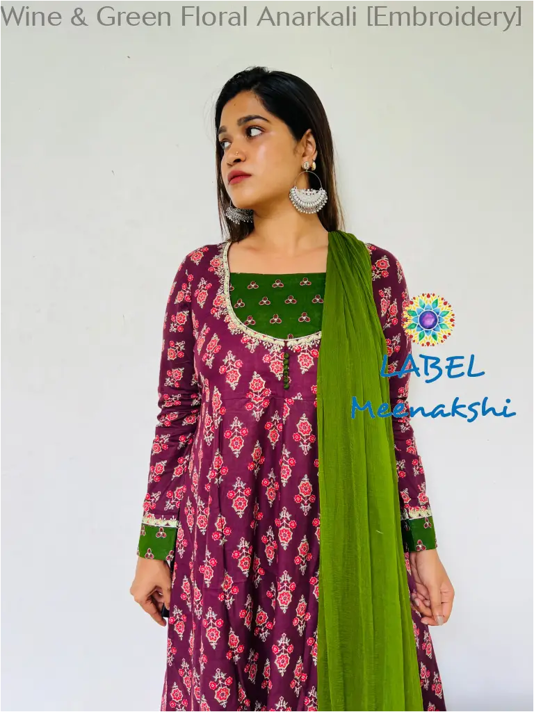 Wine & Green Floral Anarkali [Embroidery] SET T&D