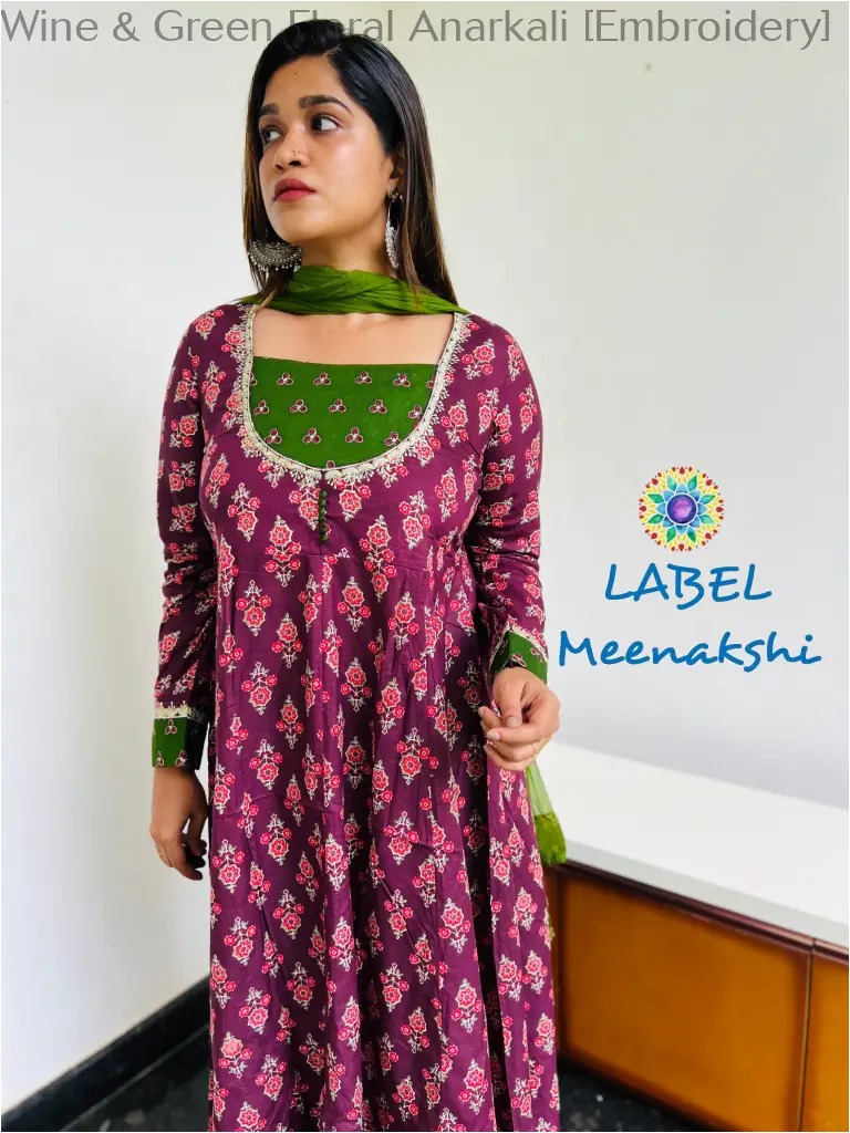 Wine & Green Floral Anarkali [Embroidery] SET T&D