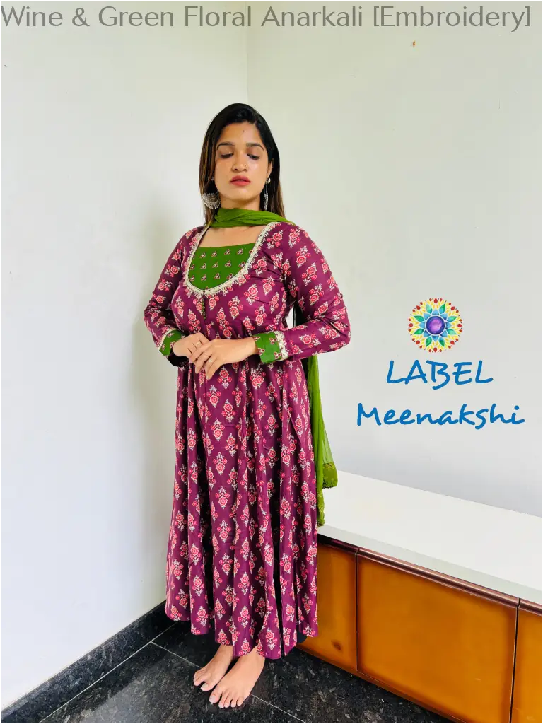 Wine & Green Floral Anarkali [Embroidery] SET T&D