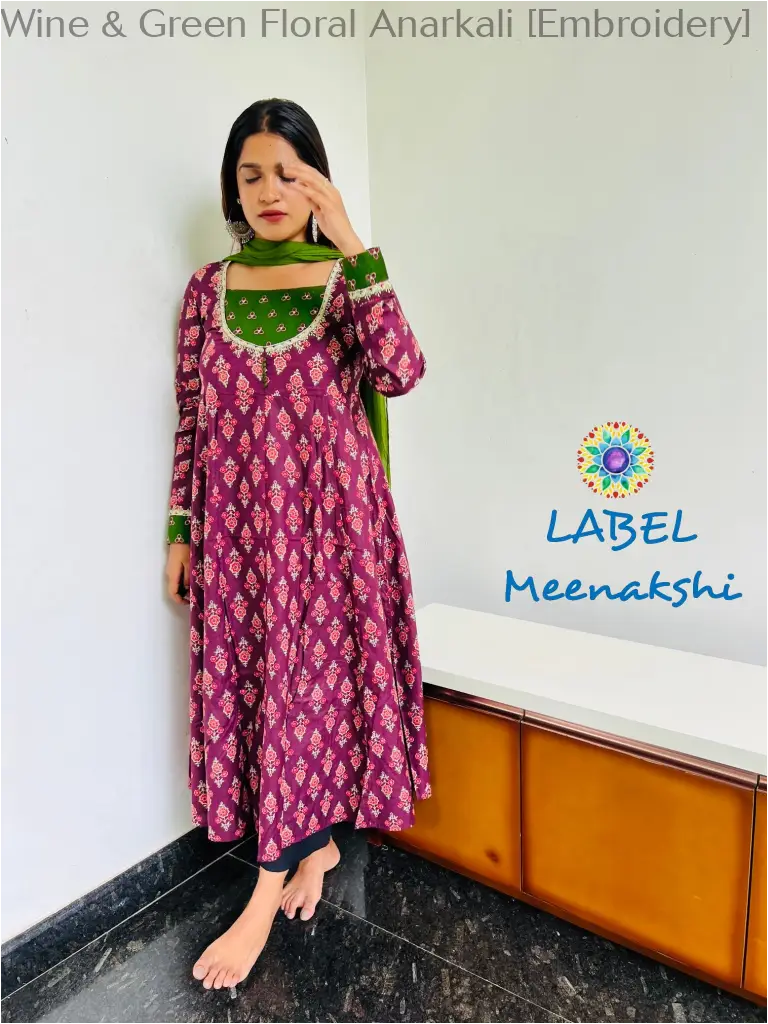Wine & Green Floral Anarkali [Embroidery] SET T&D