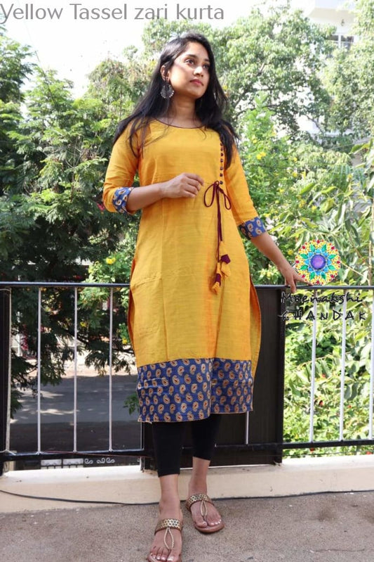 Yellow Tassel Zari Kurta Kurtas